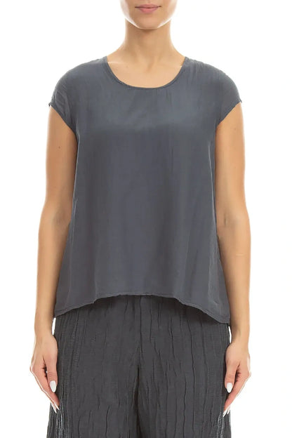Cap Sleeves Graphite Silk Cotton Blouse