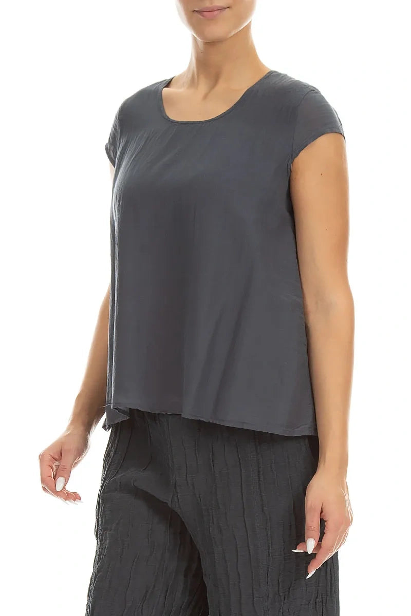 Cap Sleeves Graphite Silk Cotton Blouse