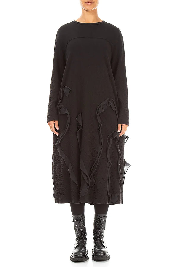 Cascading Waves Black Wavy Cotton Dress 1