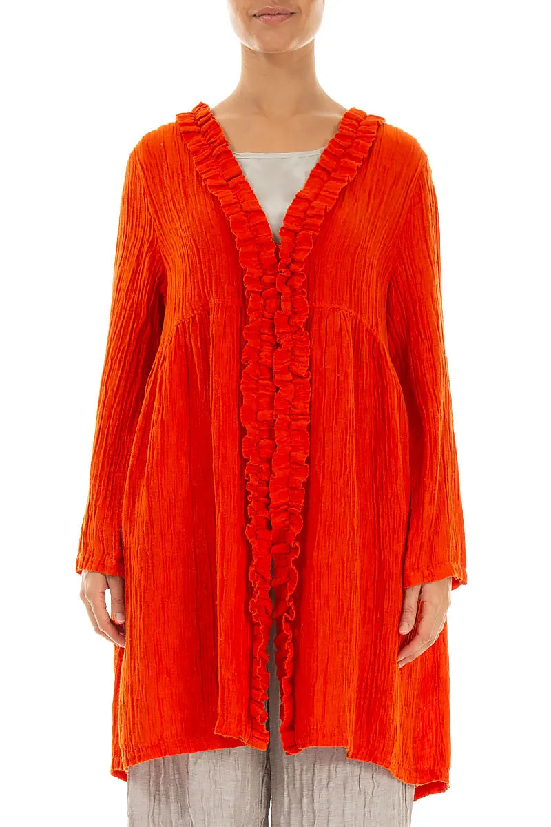 Veste en soie orange flamme froissée à volants centraux
