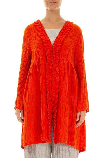 Veste en soie orange flamme froissée à volants centraux