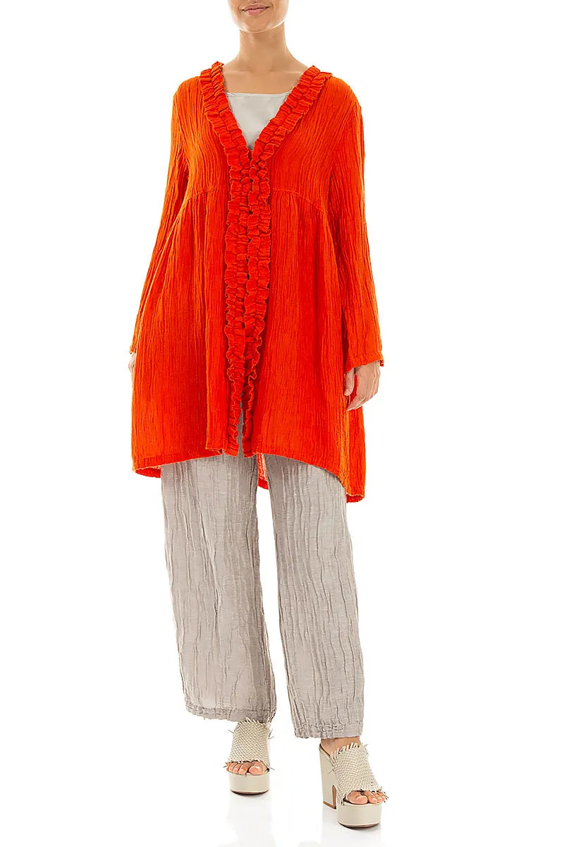 Veste en soie orange flamme froissée à volants centraux