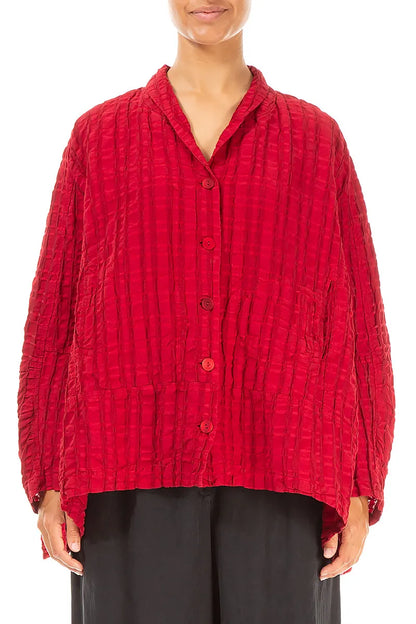 Cherry Red Checkered Linen Cotton Jacket 1