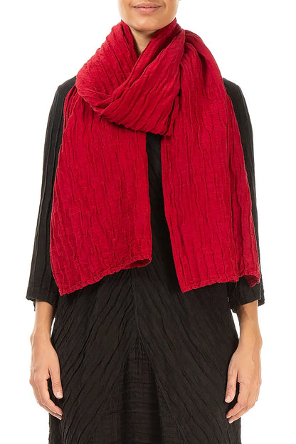 Cherry Red Crinkled Silk Linen Scarf 1