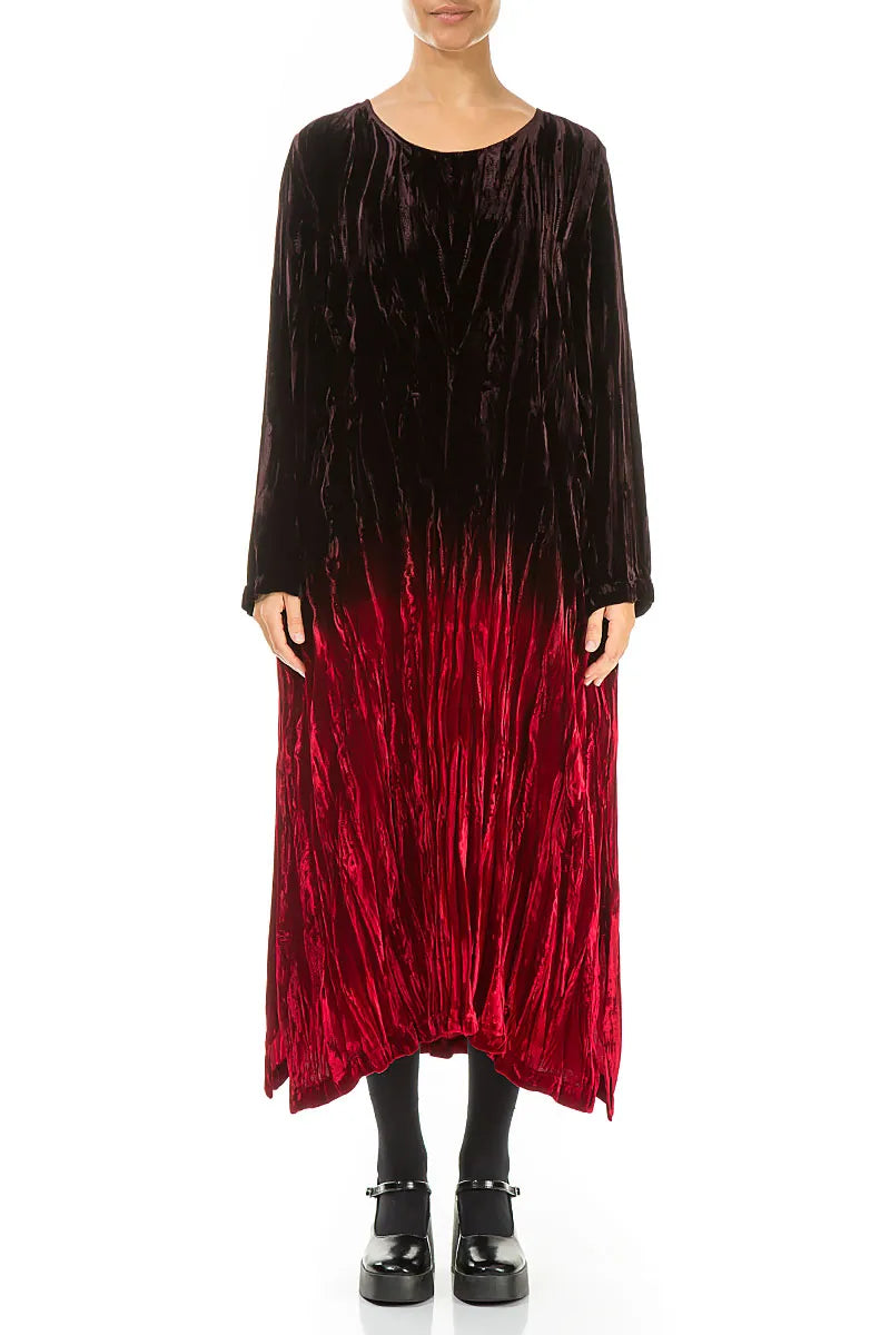 Cherry Red Silk Velvet Ombré Shift Dress