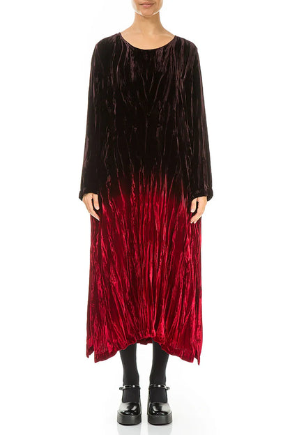 Cherry Red Silk Velvet Ombré Shift Dress