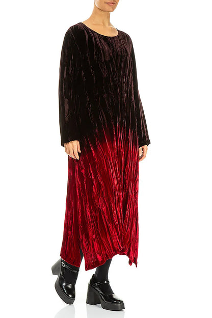 Cherry Red Silk Velvet Ombré Shift Dress