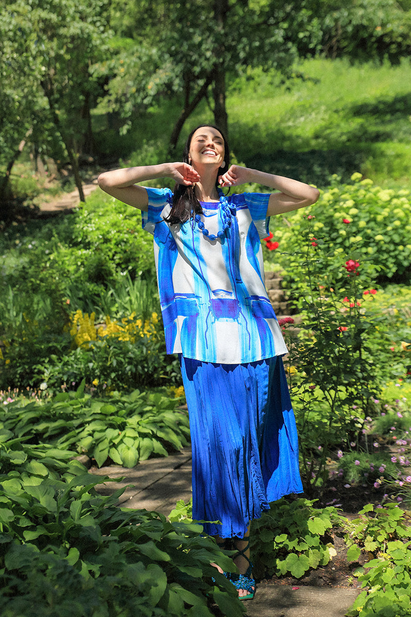 Cobalt Blue Crumpled Pure Silk Skirt 7