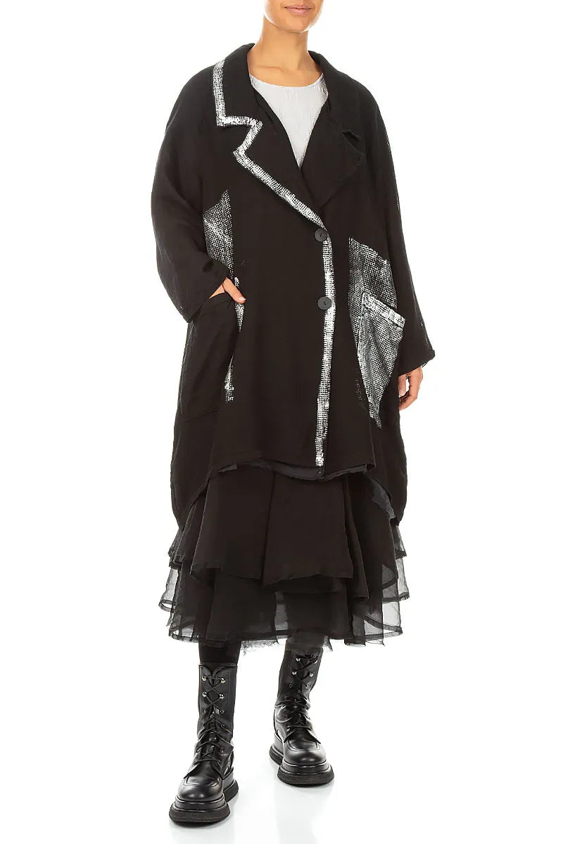 Collar Black Silver Metallic Mesh Silk Jacket 4