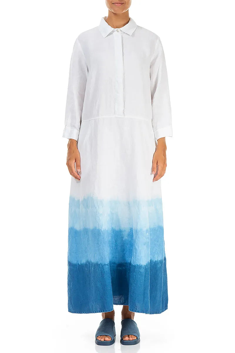 Collar Neck Azure Tide Ombré Linen Dress 1