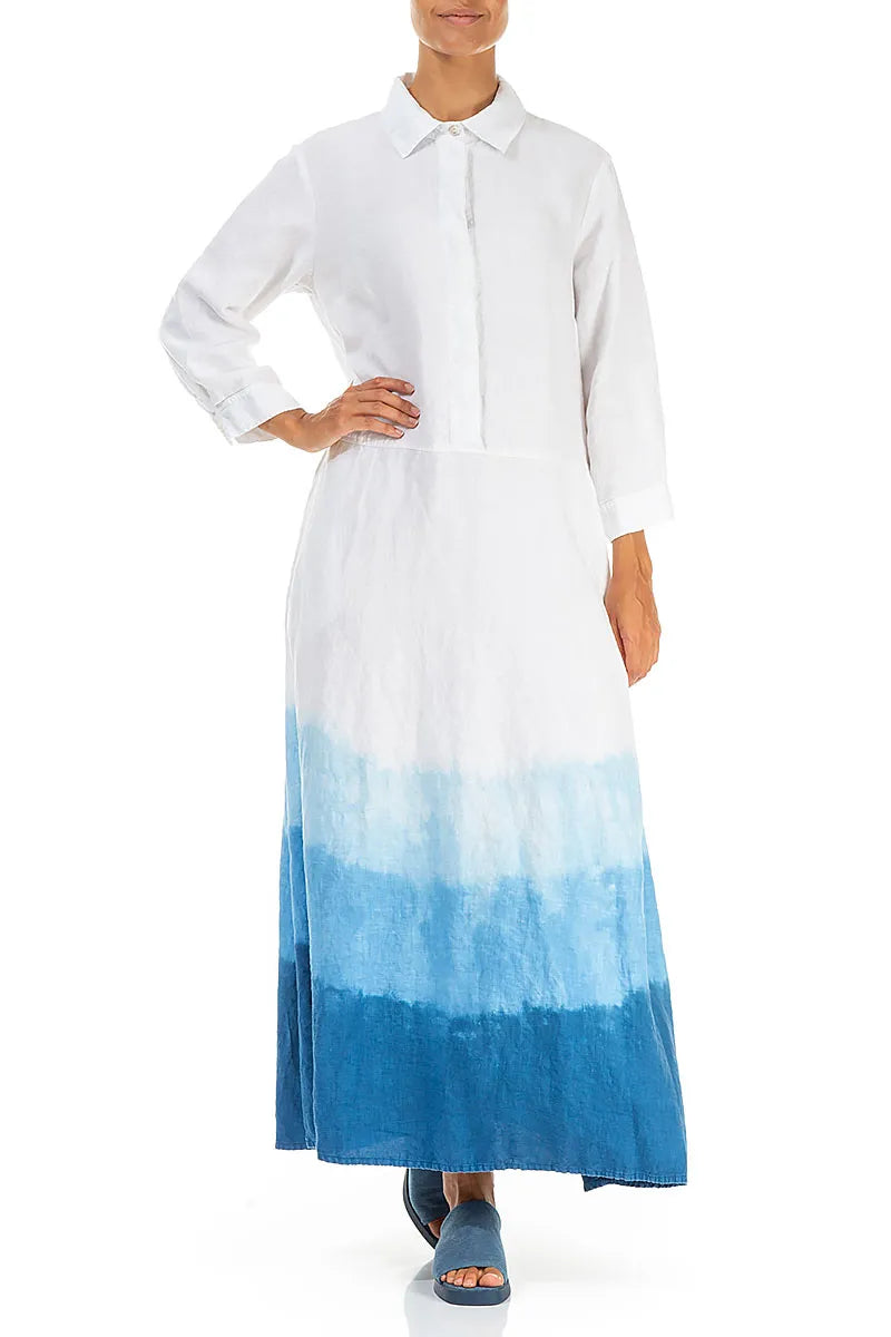 Collar Neck Azure Tide Ombré Linen Dress 4