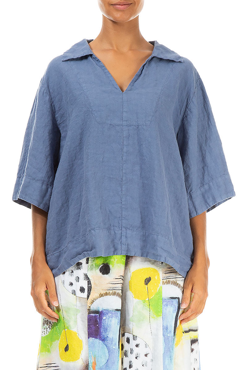 Collar Neck Blue Nova Linen Blouse 1