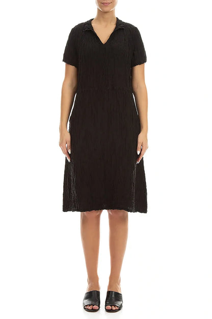 Collar Neck Crinkled Black Silk Linen Dress 1
