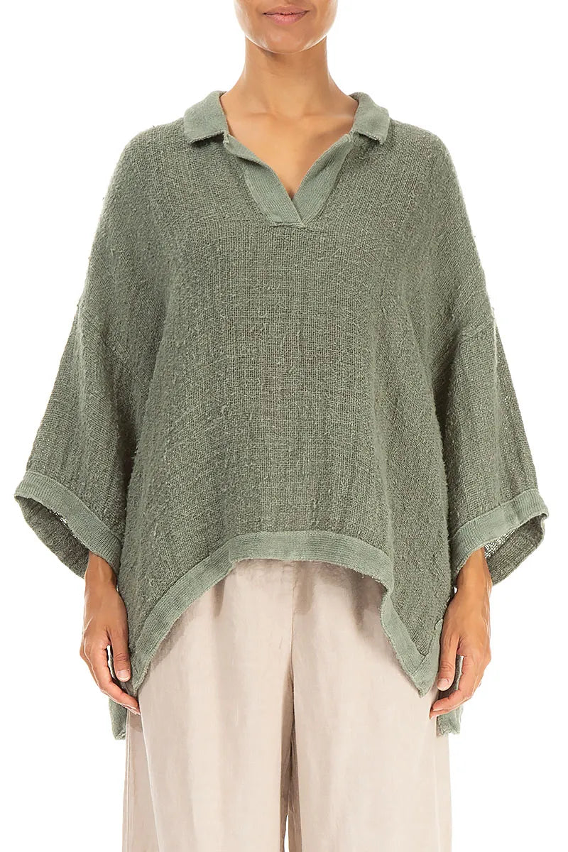 Blouse en lin tissé main sauge vieilli à col montant
