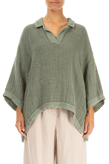 Blouse en lin tissé main sauge vieilli à col montant