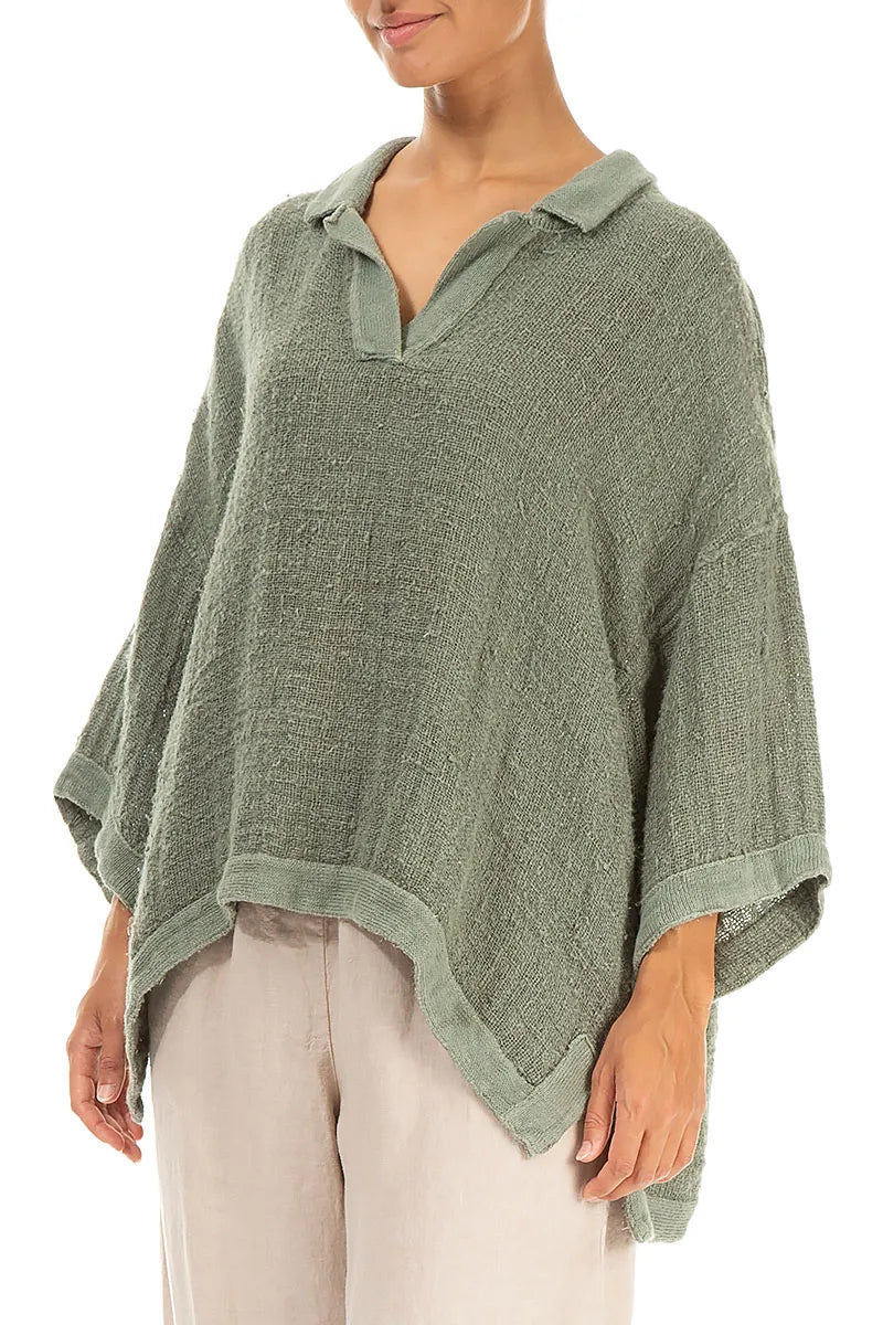 Blouse en lin tissé main sauge vieilli à col montant