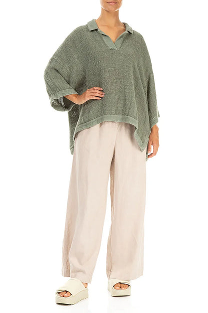 Blouse en lin tissé main sauge vieilli à col montant