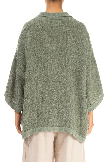 Blouse en lin tissé main sauge vieilli à col montant