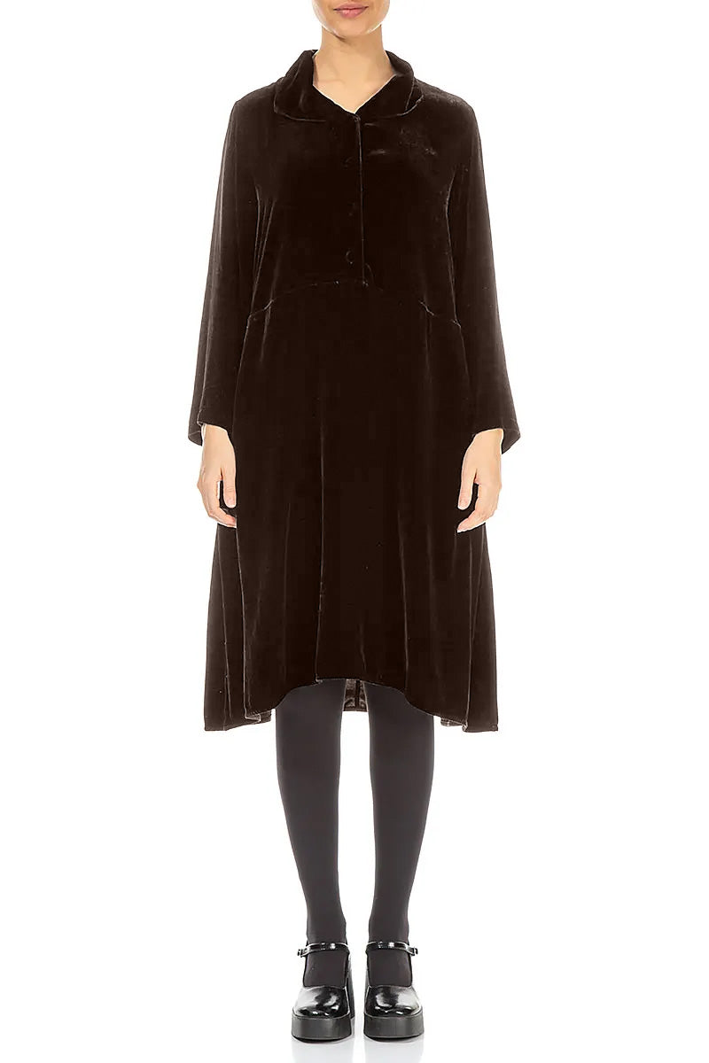 Collar Neck Forest Brown Silk Velvet Dress
