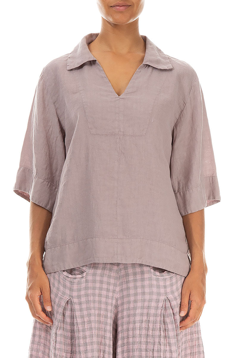 Collar Neck Greige Linen Blouse 1