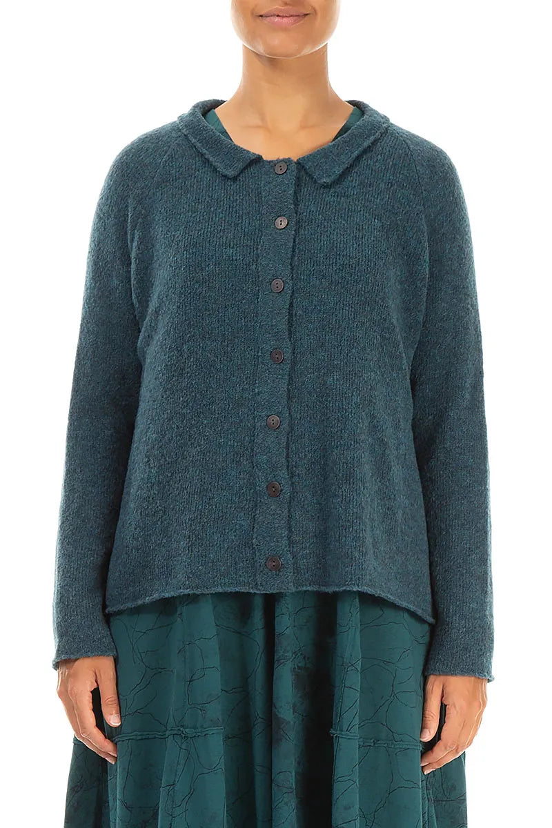 Collar Neck Teal Wool Cardigan 1