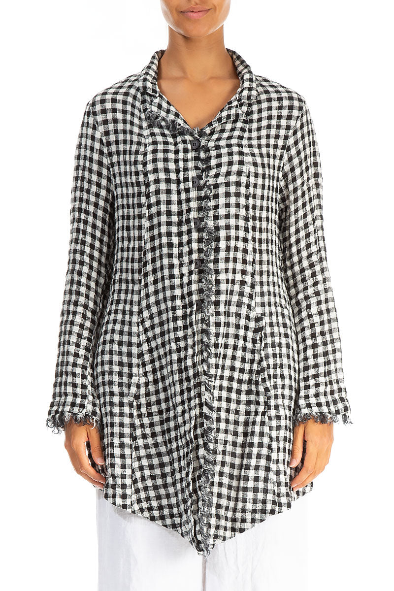 Collar Raw Edge Black &amp; White Check Linen Jacket 1