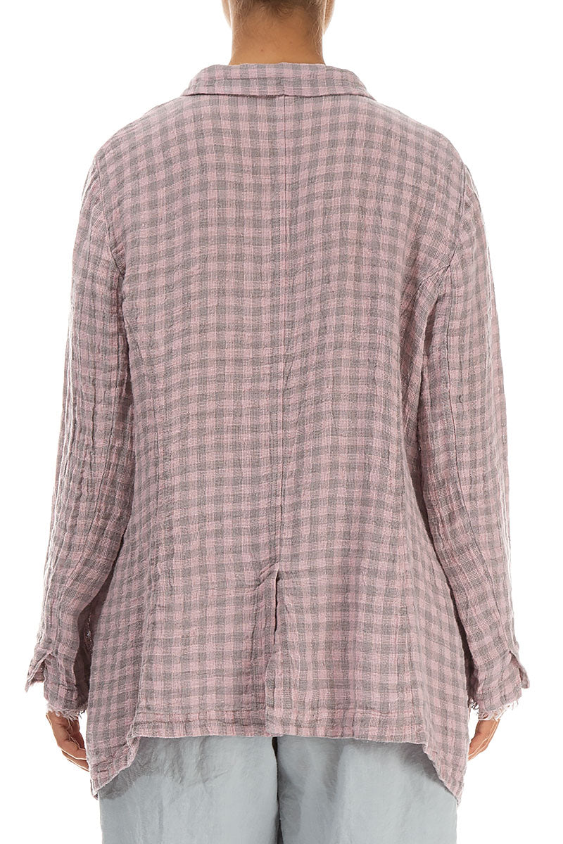 Rosa karierte Leinenjacke mit Kragen und Raw Edge