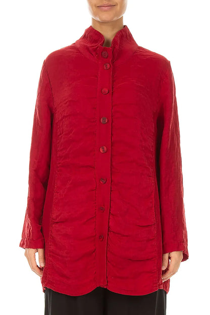 Collar Textured Cherry Red Silk Linen Jacket 1