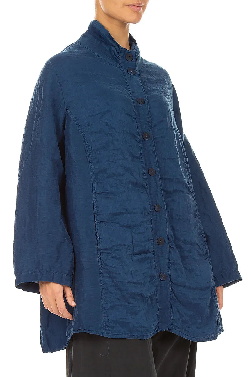 Collar Textured Royal Blue Silk Linen Jacket 3