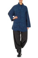 Collar Textured Royal Blue Silk Linen Jacket 4