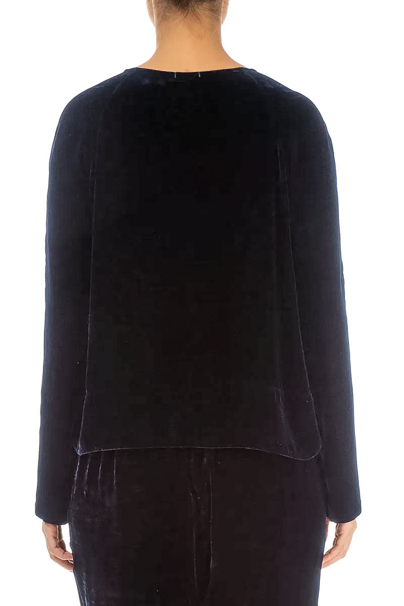 Veste en velours de soie bleu ardoise à boutons recouverts