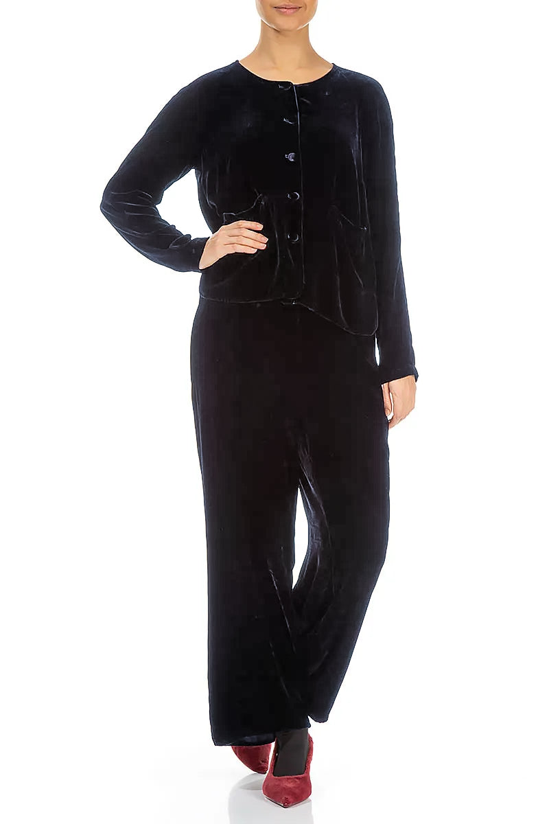 Veste en velours de soie bleu ardoise à boutons recouverts