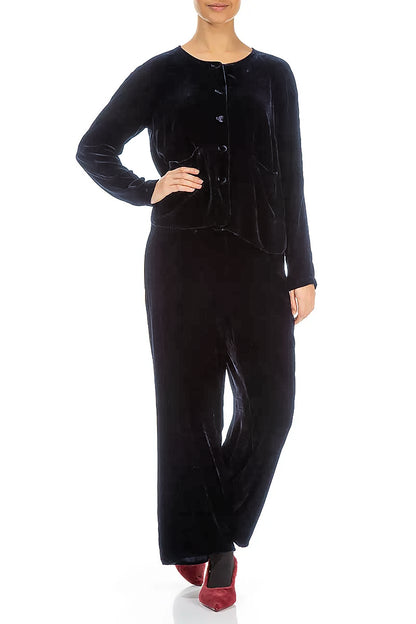 Veste en velours de soie bleu ardoise à boutons recouverts