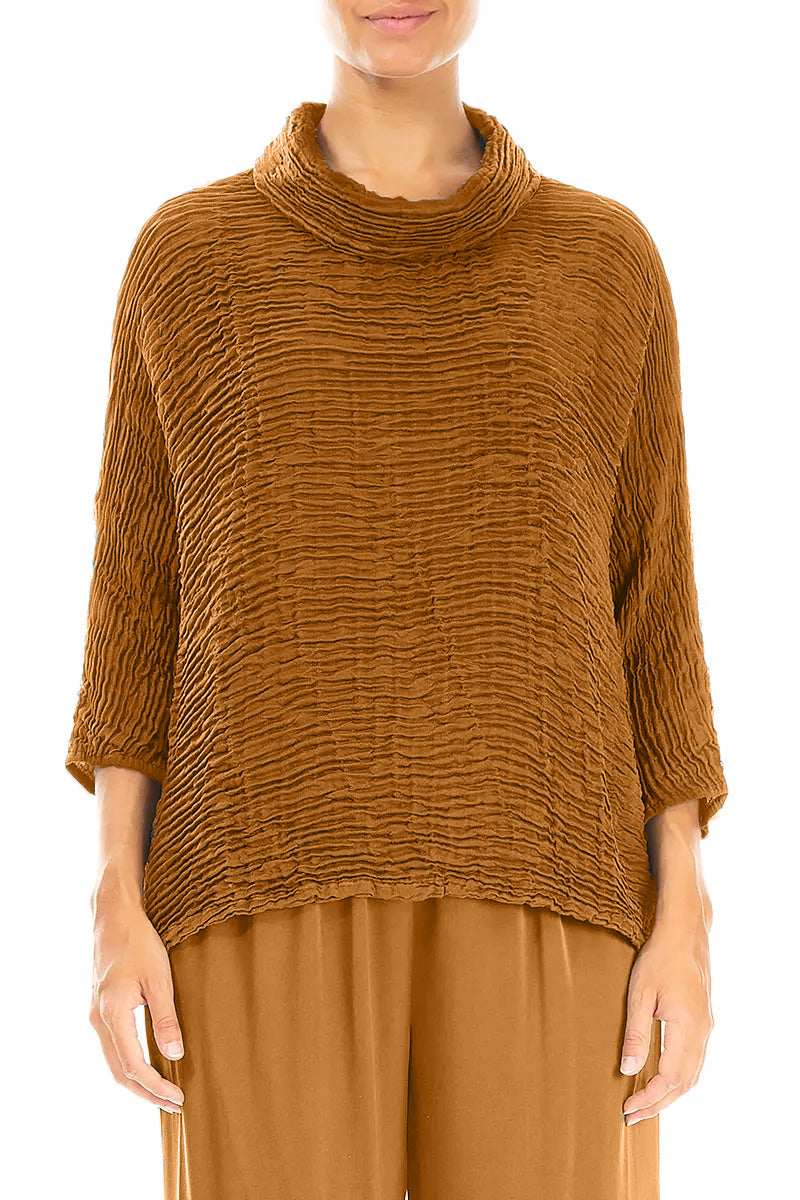 Cowl Neck Aged Copper Plissé Silk Blouse 1