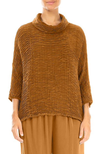 Cowl Neck Aged Copper Plissé Silk Blouse 1