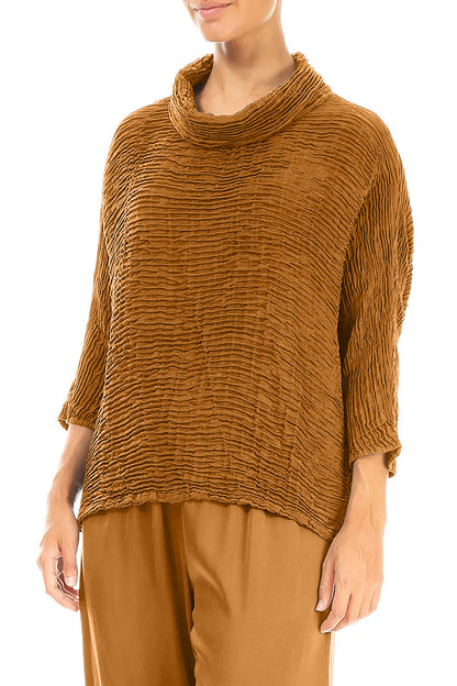 Cowl Neck Aged Copper Plissé Silk Blouse 3