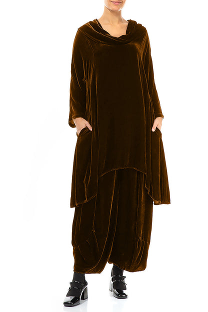 Cowl Neck Asymmetric Golden Olive Silk Velvet Tunic 4
