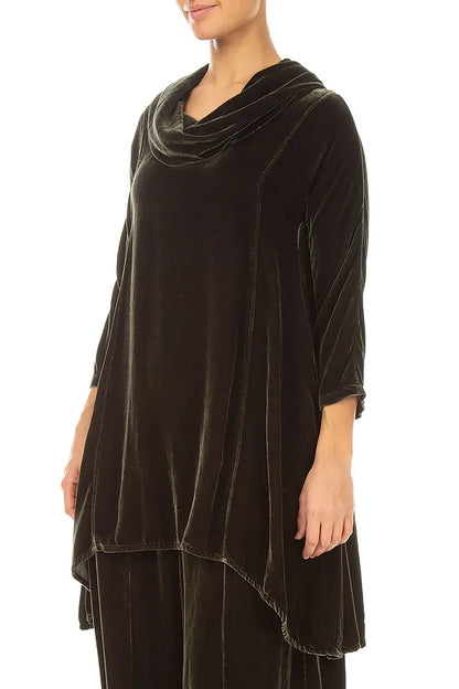 Cowl Neck Asymmetric Olive Silk Velvet Tunic 3