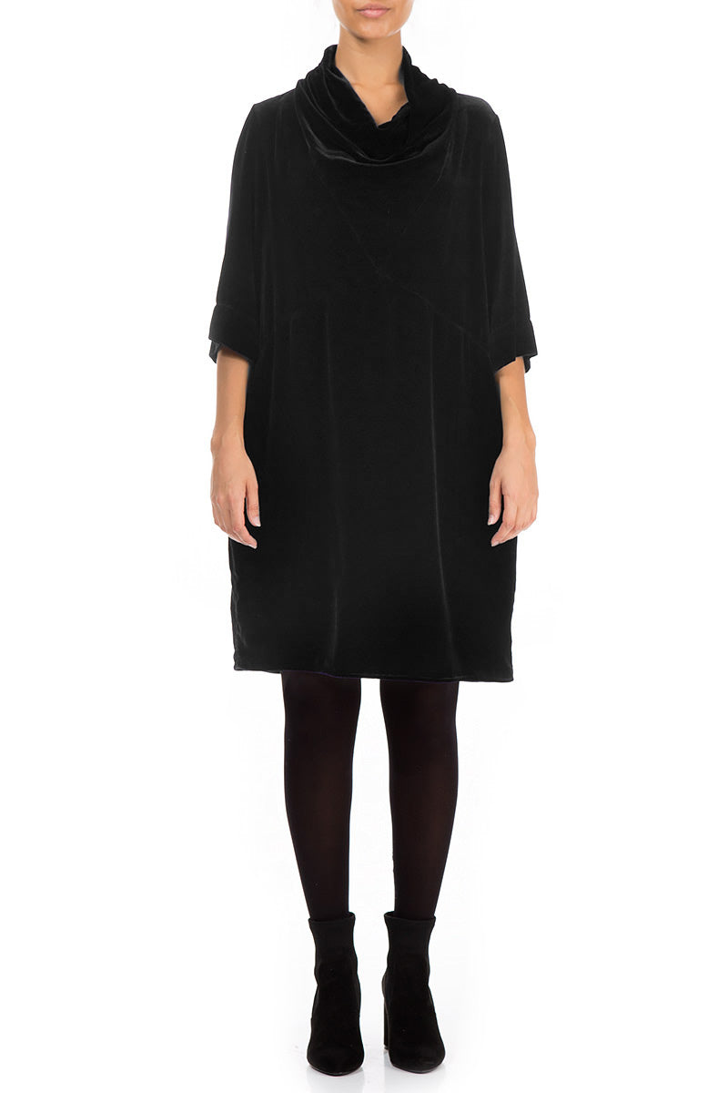 Cowl Neck Black Silk Velvet Dress 1