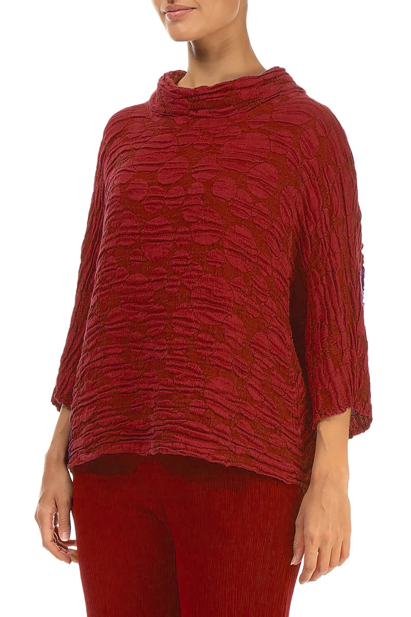 Cowl Neck Cherry Red Circle Silk Linen Blouse 3