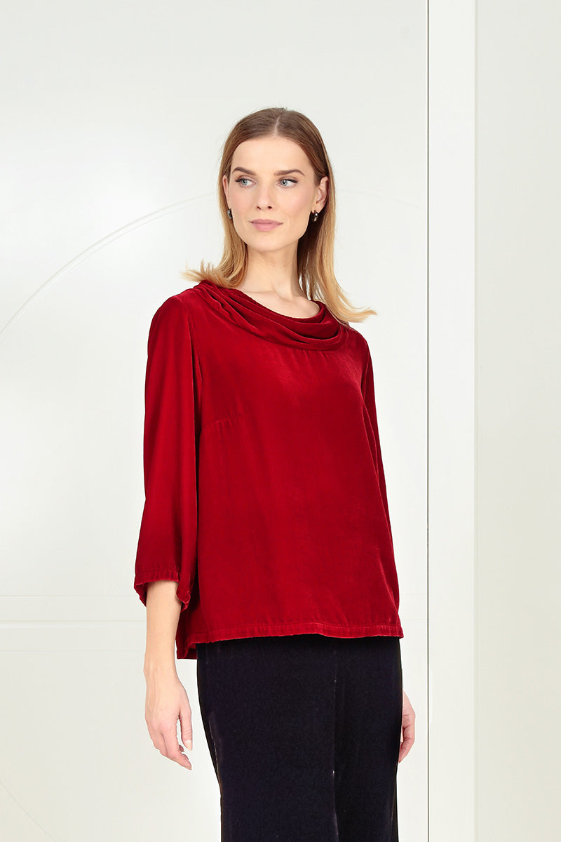 Cowl Neck Cherry Red Silk Velvet Blouse 6