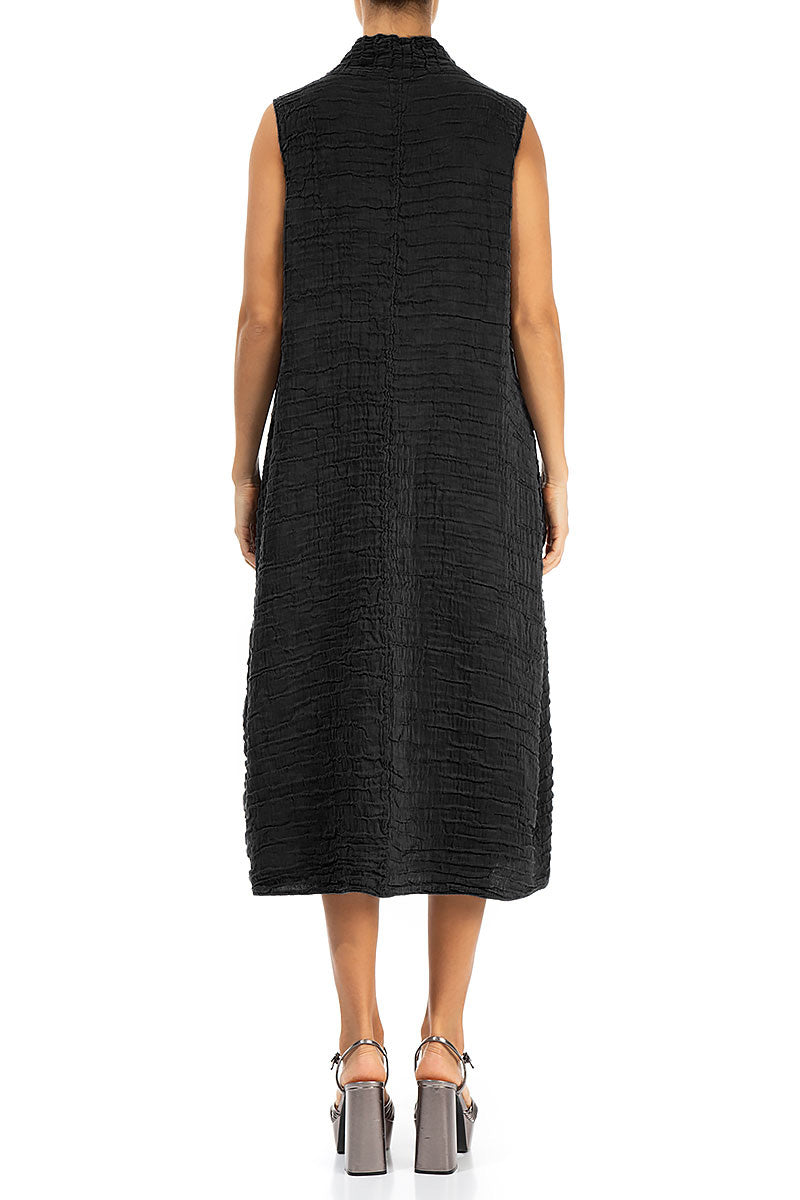 Cowl Neck Crinkled Black Silk Linen Dress 2