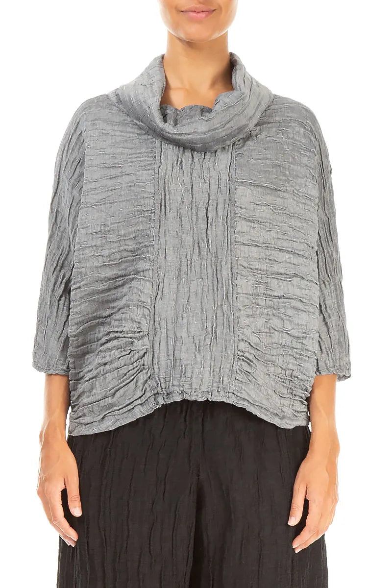 Cowl Neck Crinkled Black Silver Silk Blouse 1