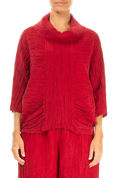 Cowl Neck Crinkled Cherry Red Silk Blouse 1