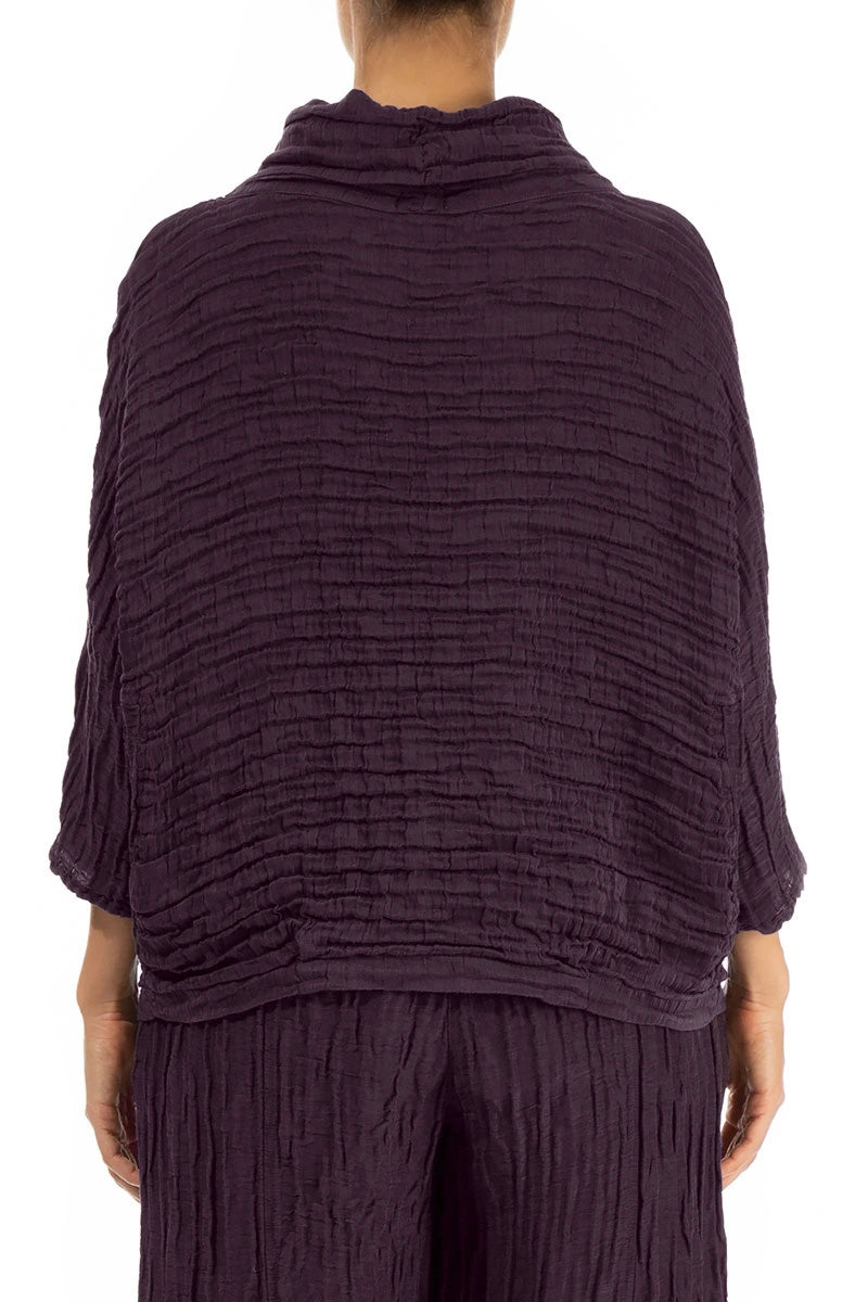 Cowl Neck Crinkled Deep Plum Silk Linen Blouse