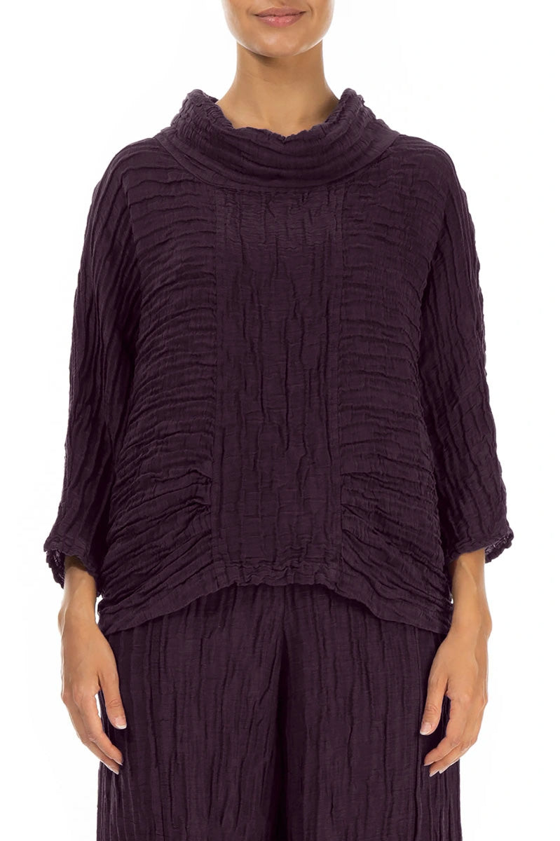 Cowl Neck Crinkled Deep Plum Silk Linen Blouse