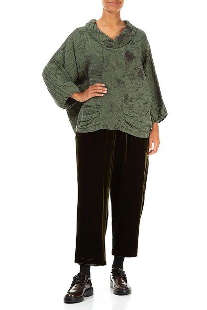 Chemisier en soie marbrée à col bénitier effet brume de forêt froissée