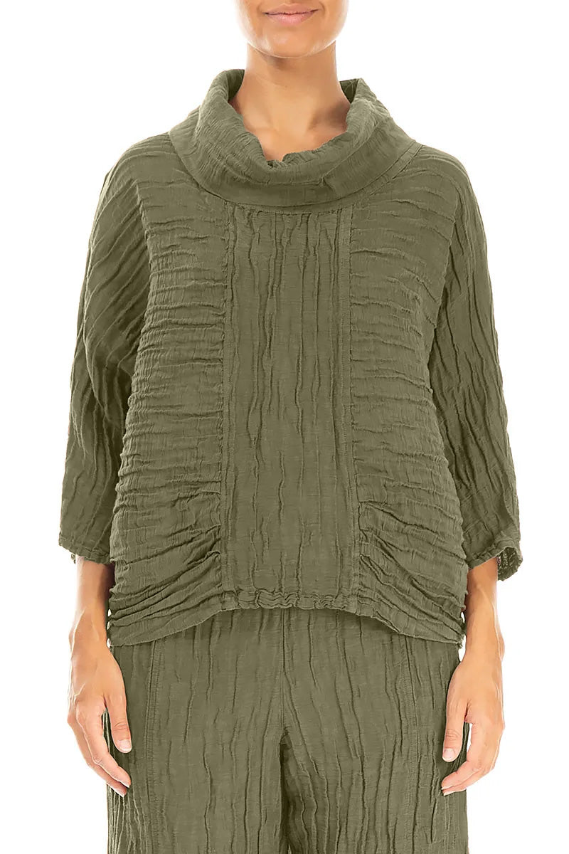 Cowl Neck Crinkled Forest Mist Silk Blouse