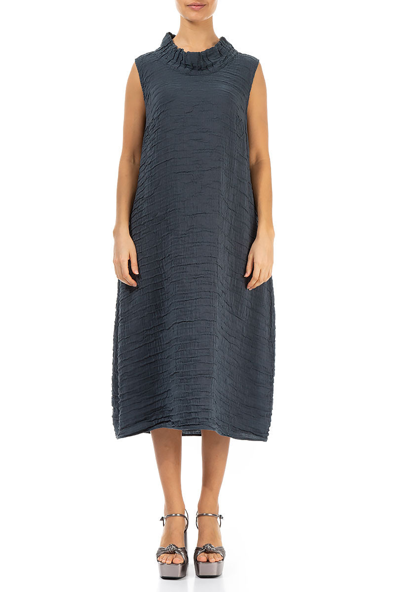 Cowl Neck Crinkled Graphite Silk Dress 1