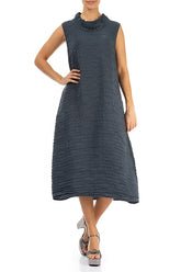 Cowl Neck Crinkled Graphite Silk Dress 4